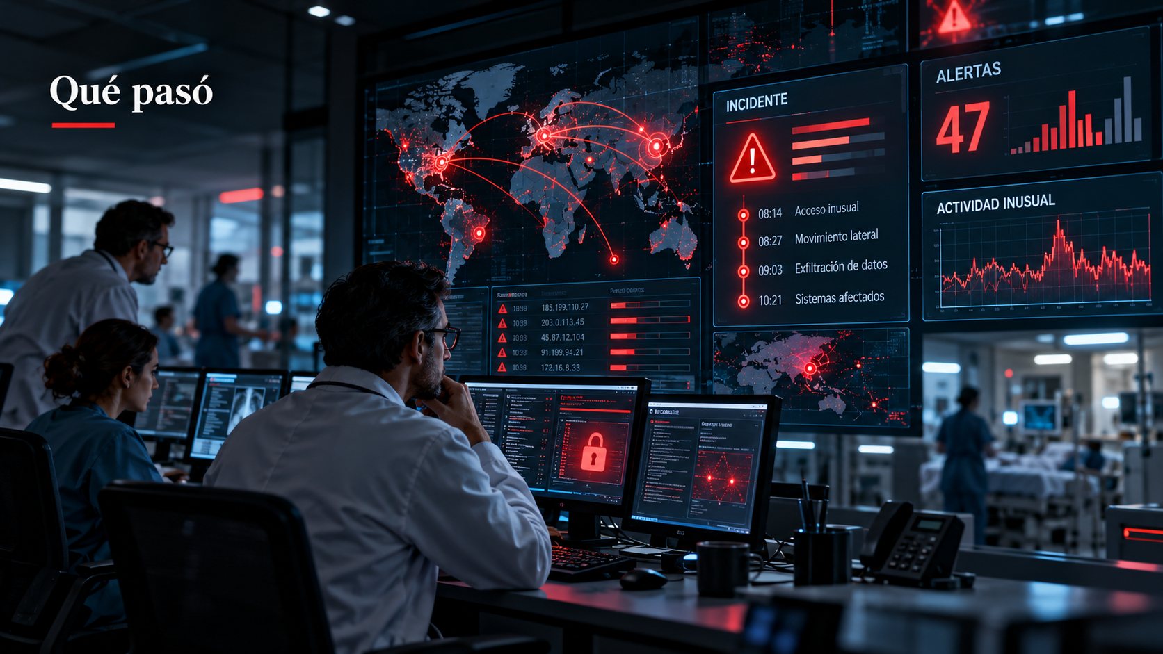 Qué pasó: un equipo clínico observa en un centro de monitoreo alertas de acceso inusual, movimiento lateral y exfiltración de datos