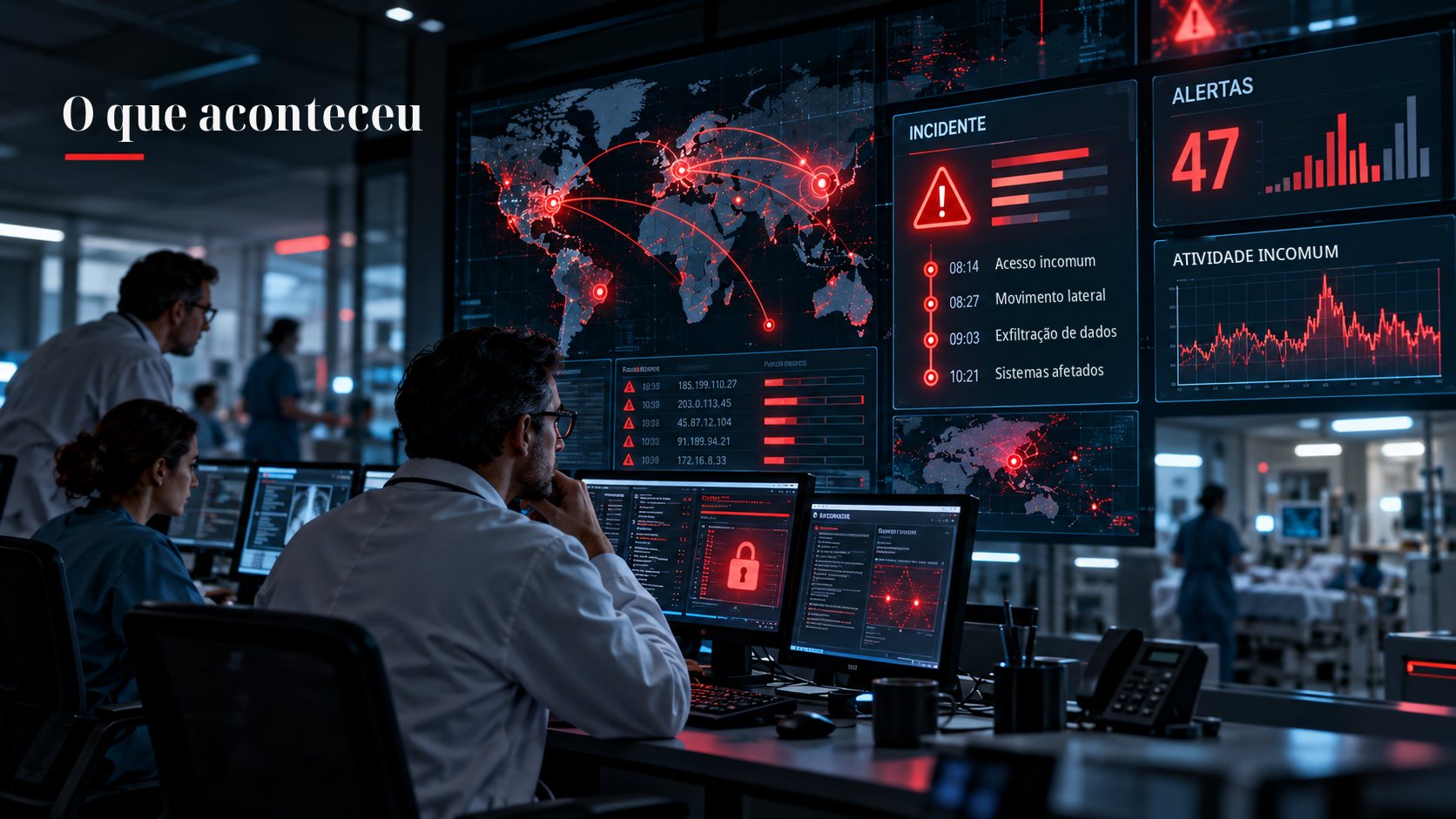 O que aconteceu: uma equipe clínica acompanha em um centro de monitoramento alertas de acesso incomum, movimento lateral e exfiltração de dados